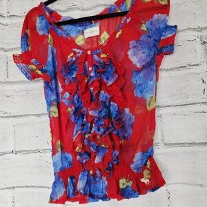 Abercrombie and Fitch Red Blue Floral Semi Sheer Peplum Top Womens Small Ruffle